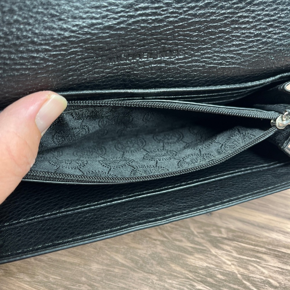 Michael Kors Continental Fulton Flap Wallet Black Pebbled Leather Silver Logo - Picture 5 of 10